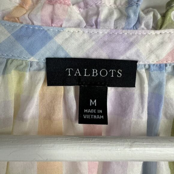 Talbots Size M Ruffle Tunic Top Rainbow Plaid Lightweight Ladder Trim Split Neck - Picture 3 of 13